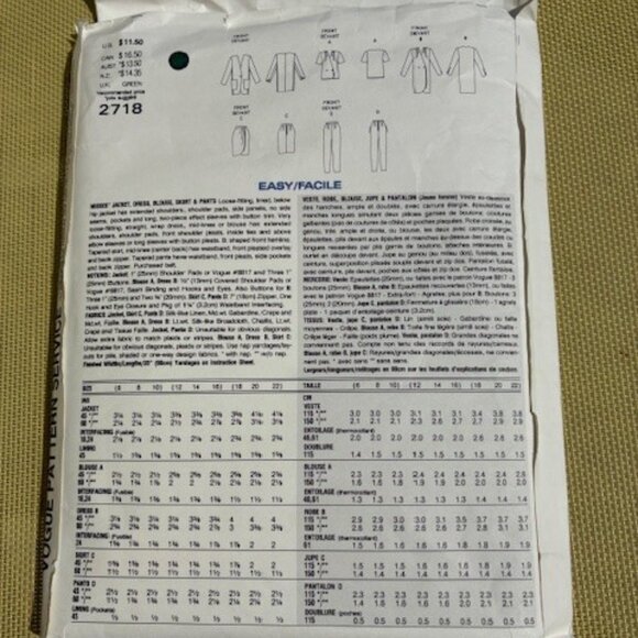 Vogue Vintage 1990's Sewing Pattern 2718 Jacket Skirt Blouse Pants UNCUT Sz 6-8- - Picture 3 of 3